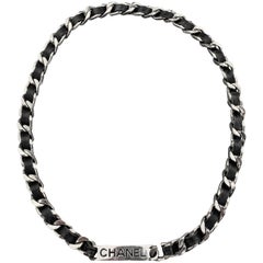 Vintage CHANEL 1996 Silver Tone Metal Black Leather Woven Curb Chain Label Plaque Belt