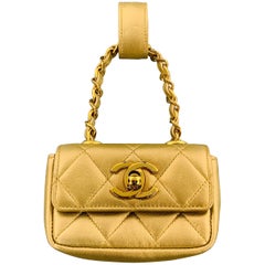 CHANEL Vintage Gold Metallic Leather Quilted Mini Purse Charm Pouch