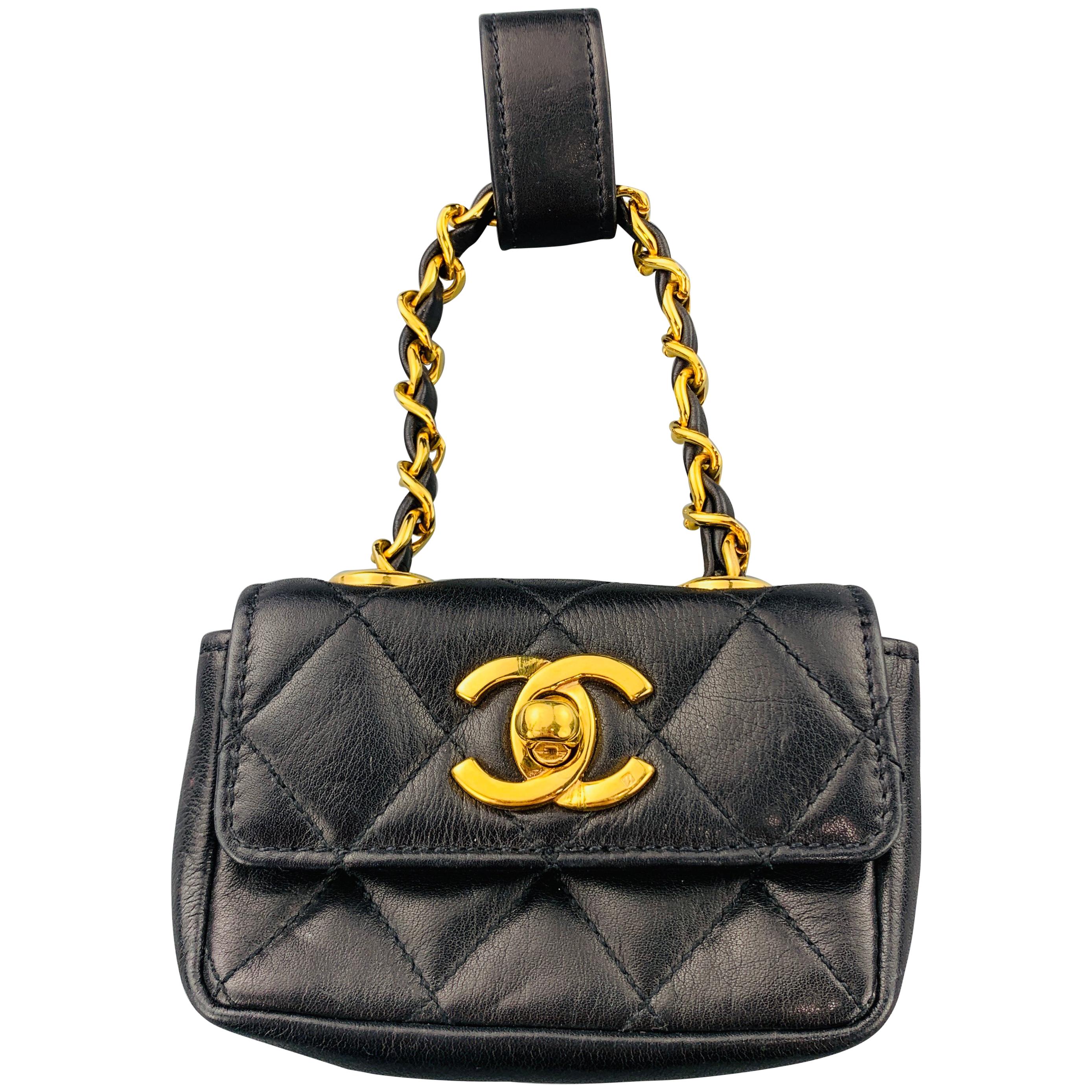 CHANEL Vintage Black Quilted Leather Mini Charm Pouch Purse Bag