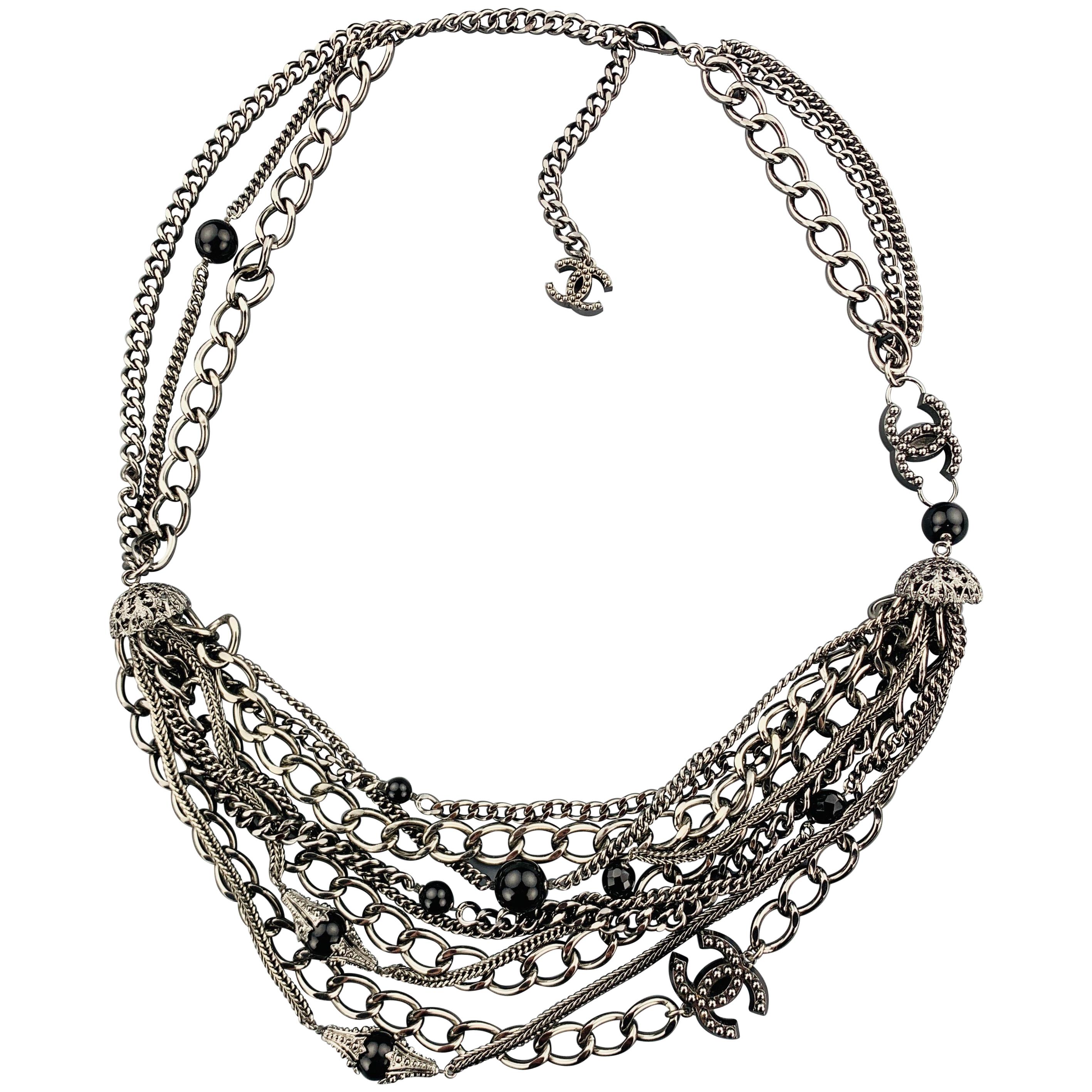 CHANEL 2003 Silver Tone Metal Multi Strand Layered Chain Statement Necklace