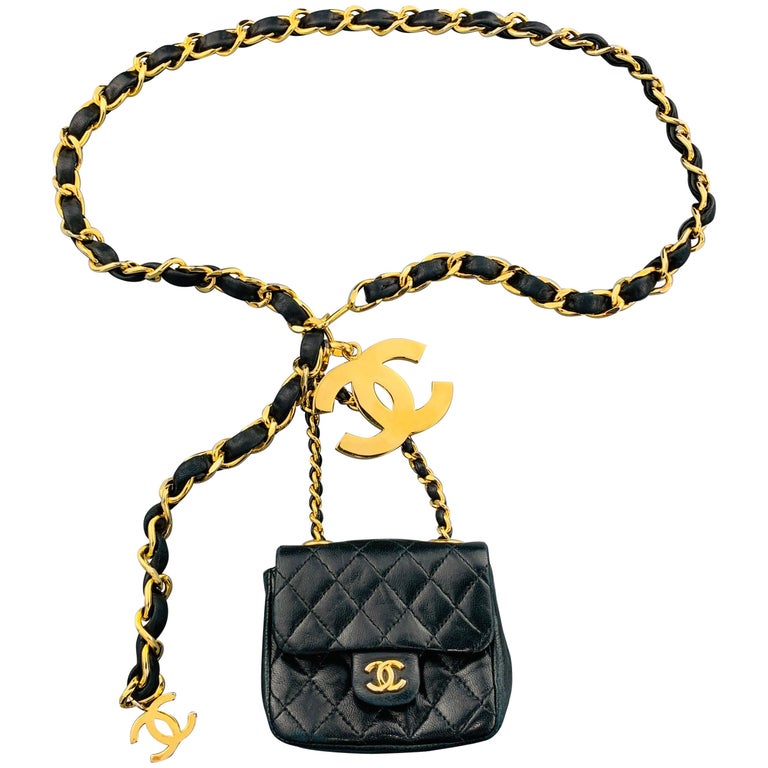 CHANEL Vintage Gold Tone Black Leather Woven Chain Mini Purse Pouch Belt at  1stDibs