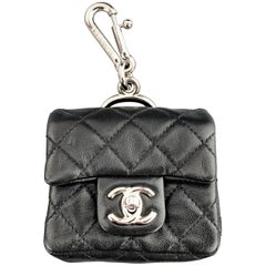 CHANEL Leather Quilted Leather Silver Tone CC Logo Turnlock Mini Coin Pouch