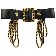 Vintage CHANEL Black Leather Triple Gold Tone Woven Chain Drop Side Belt Season 26