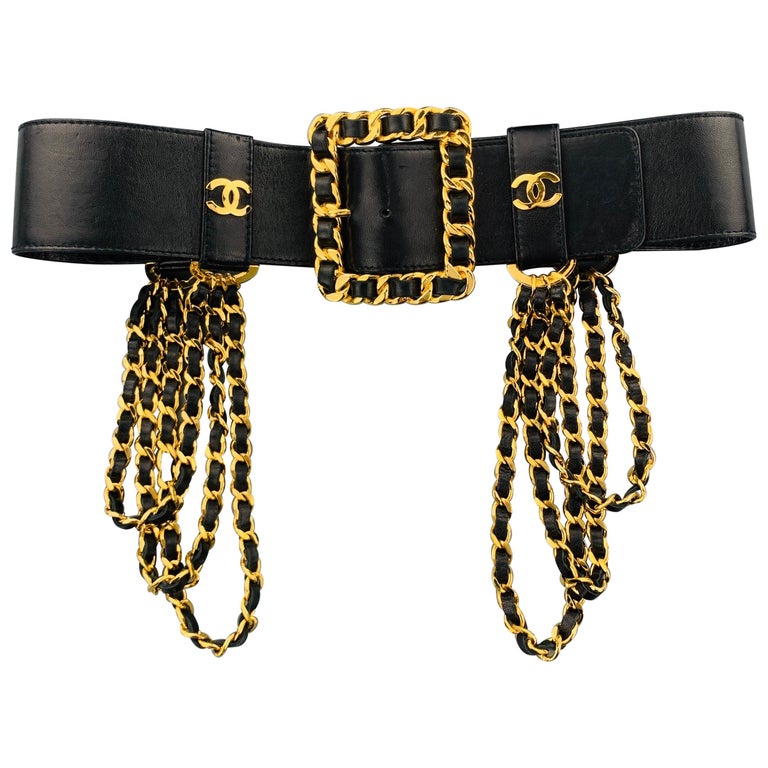 CHANEL Black Leather Triple Gold Tone Woven Chain Drop Side Belt Season