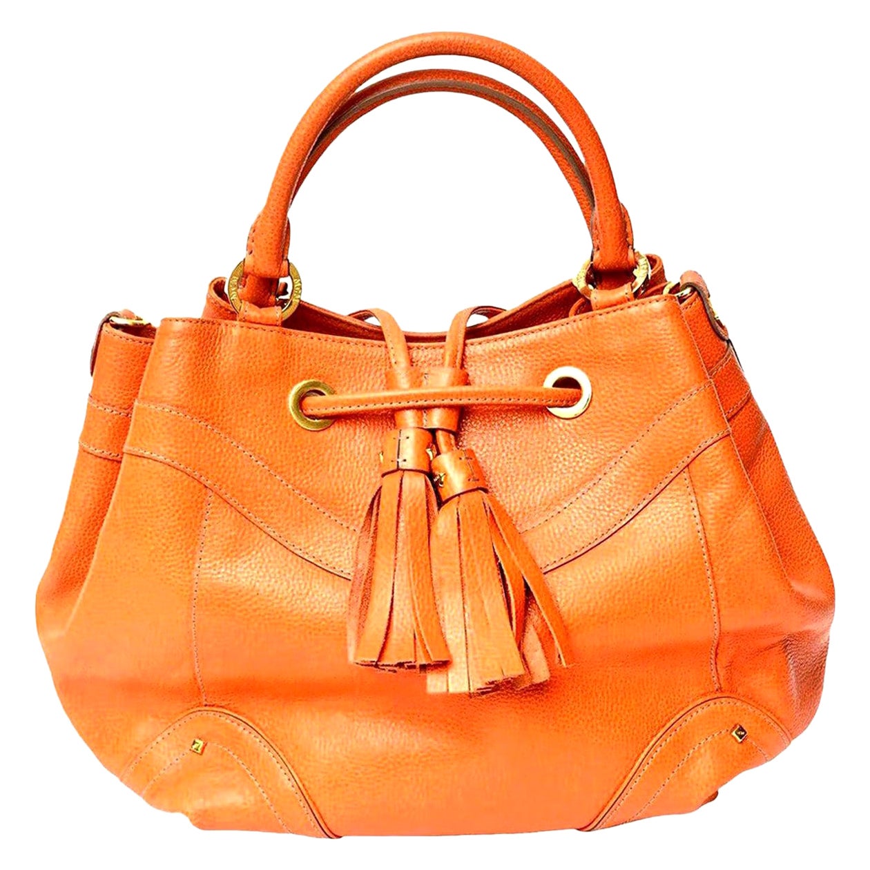 Vintage MCM Orange Leather and Gold Plated Tassel Hand Bag  For Sale