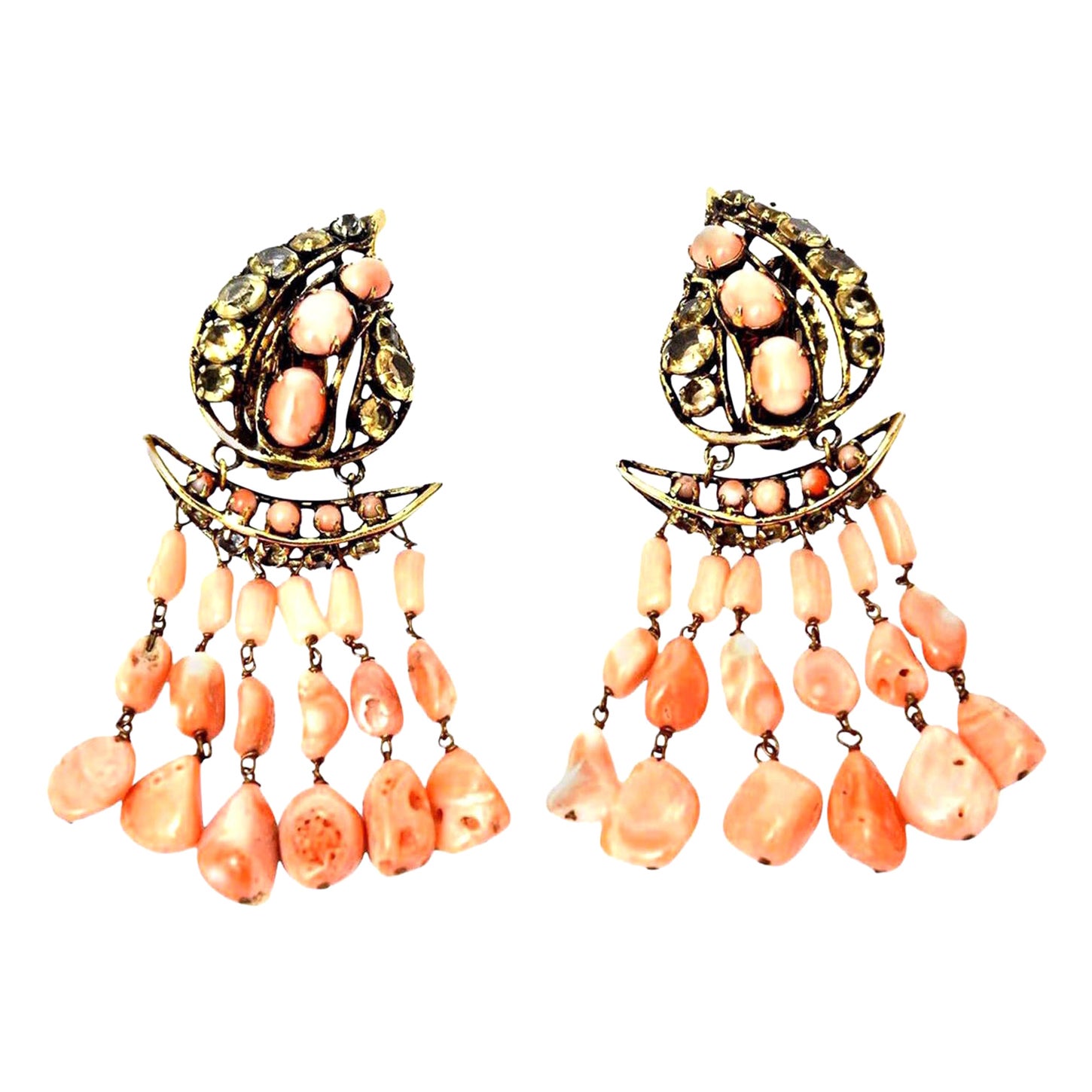 Vintage Iradj  Boucles d'oreilles Moini Angel Coral, Citrine & Rhinestone pendantes en vente