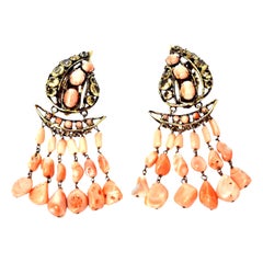 Vintage Iradj  Moini Angel Coral, Citrine & Rhinestone Dangle Clip on Earrings