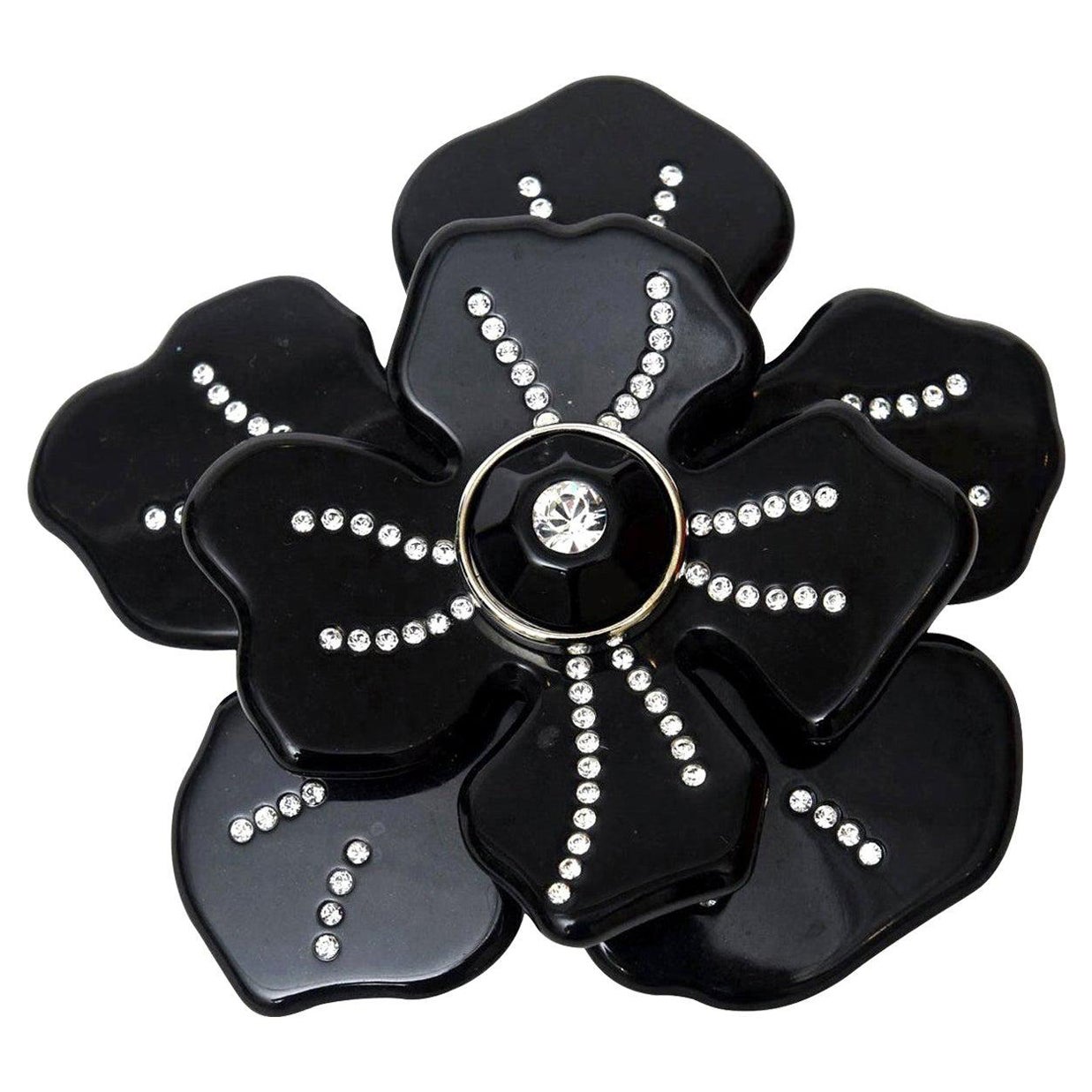  Valentino Black Resin and Rhinestone Flower Brooch Pin For Sale