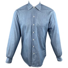 LORO PIANA Size M Indigo Solid Cotton Button Up Long Sleeve Shirt