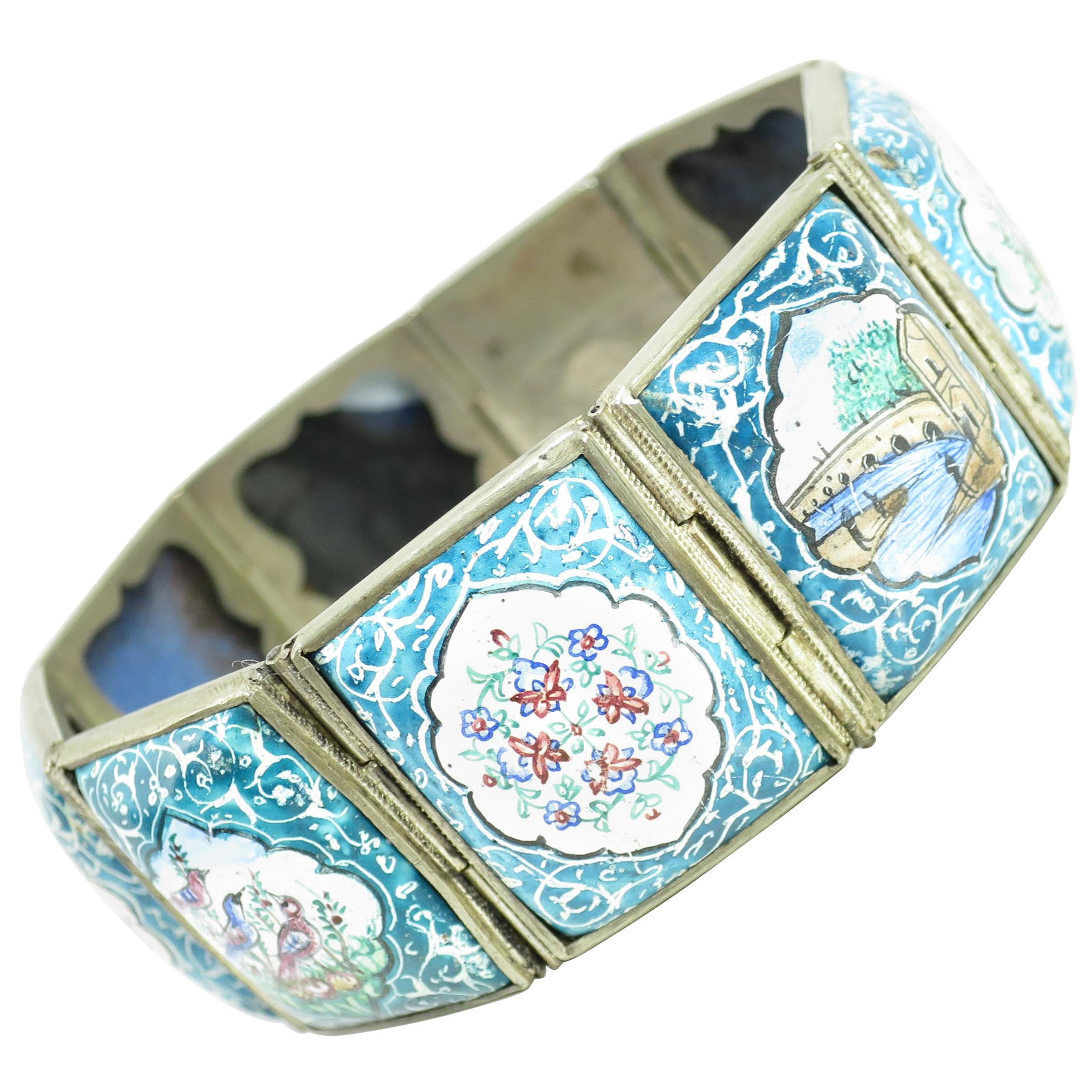 Persian Isfahan Silver Enamel Articulated Panel Bracelet, Artist-Signed 1930s For Sale