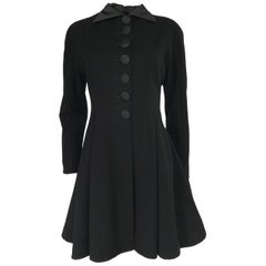 Retro 1990s Christian Dior Black Full Skirted Skater Coat W Satin Collar & Buttons