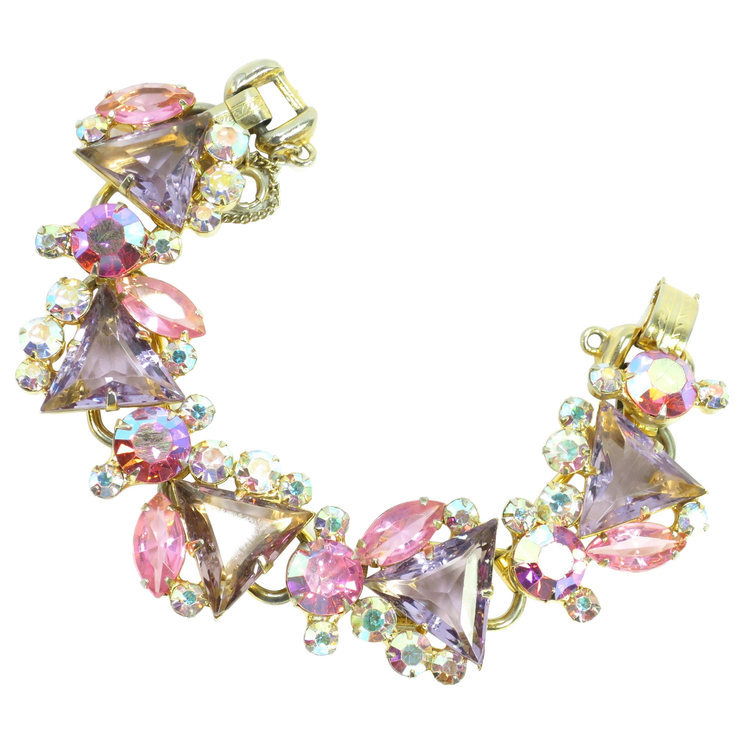 DeLizza & Elster Juliana Lilac & Pink Crystal Link Bracelet, 1960s For Sale