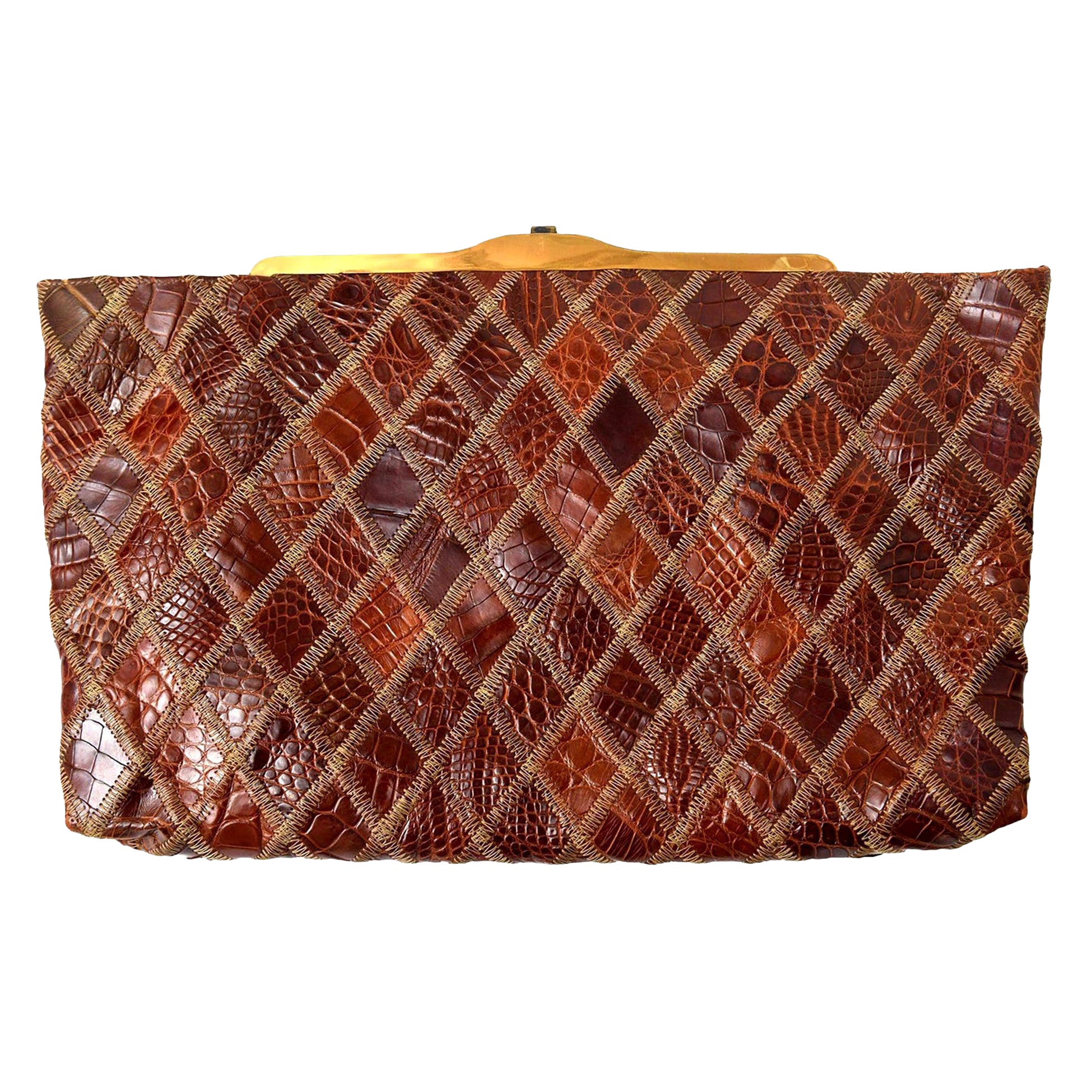 Diamond Patterned Brown Alligator Vintage Clutch Mid Century Modern