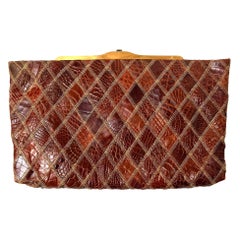 Diamond Patterned Brown Alligator Vintage Clutch Mid Century Modern