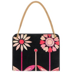 EMILIO PUCCI c.1970's Schwarz Rosa & Floral Signature Print Samt Handtasche