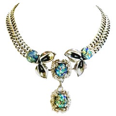 Vintage 1930'S Art Nouveau 925 Sterling Silver Opal Art Glass Choker Necklace-Signed