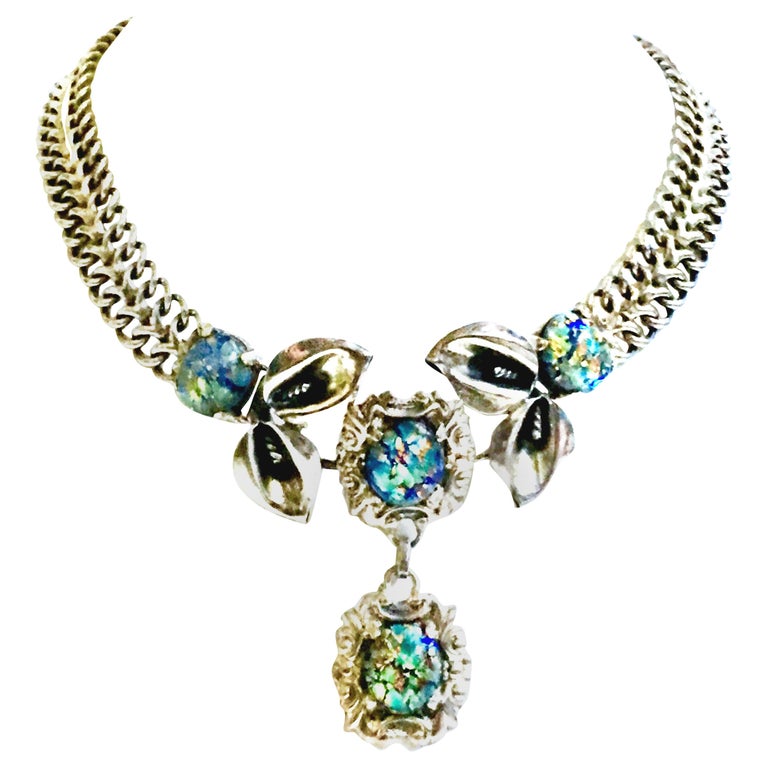 1930'S Art Nouveau 925 Sterling Silver Opal Art Glass Choker Necklace ...