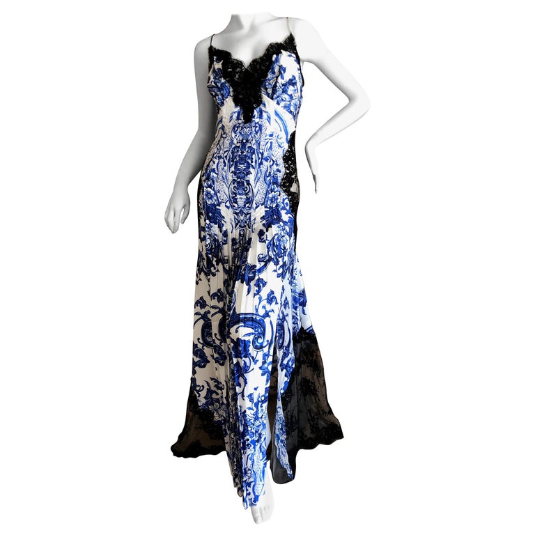 Roberto Cavalli Delft Porcelain Pattern Silk Lace Insert Evening Dress ...