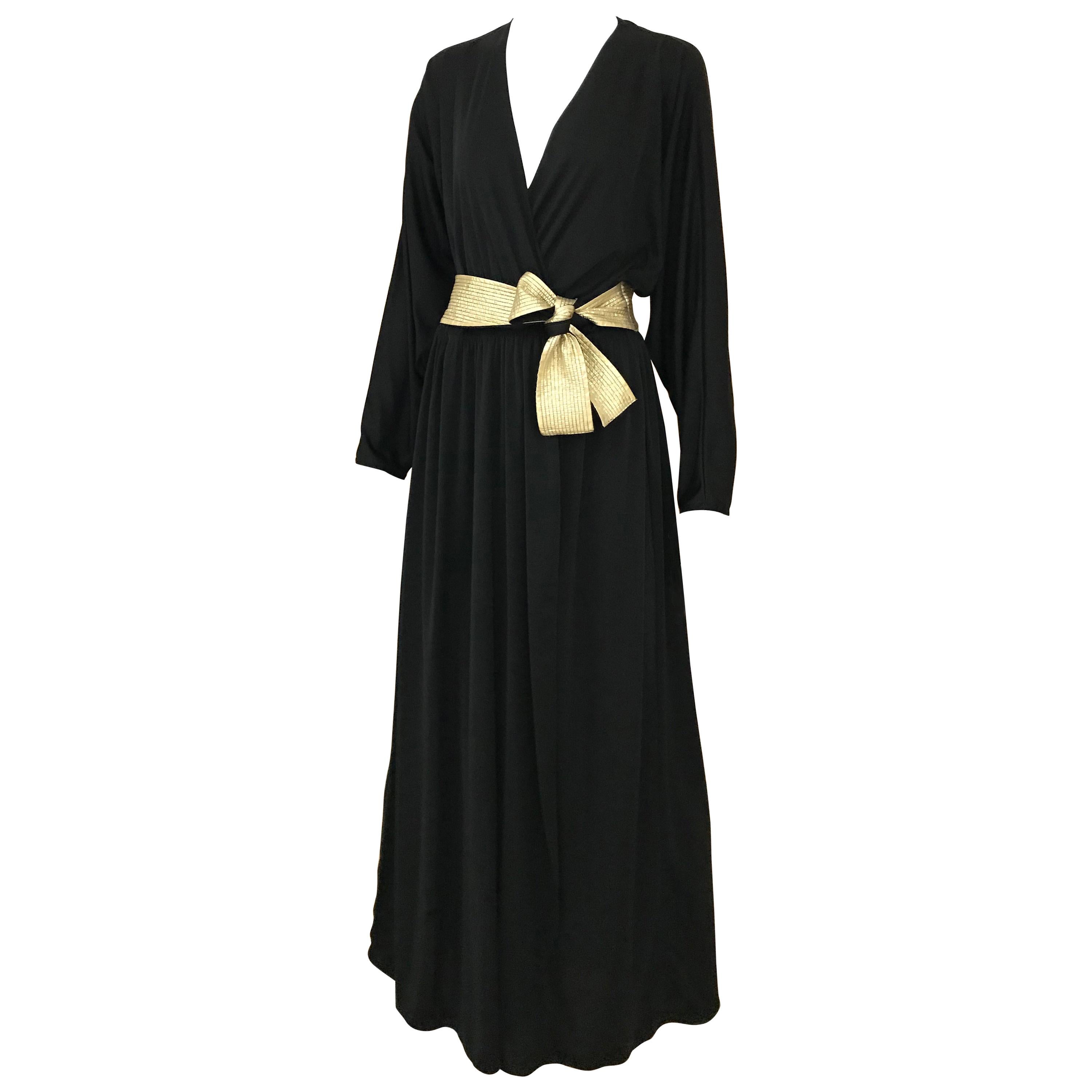1970s Bill Tice Black Jersey V Neck Dress with Gold Sash
