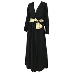 Vintage 1970s Bill Tice Black Jersey V Neck Dress with Gold Sash