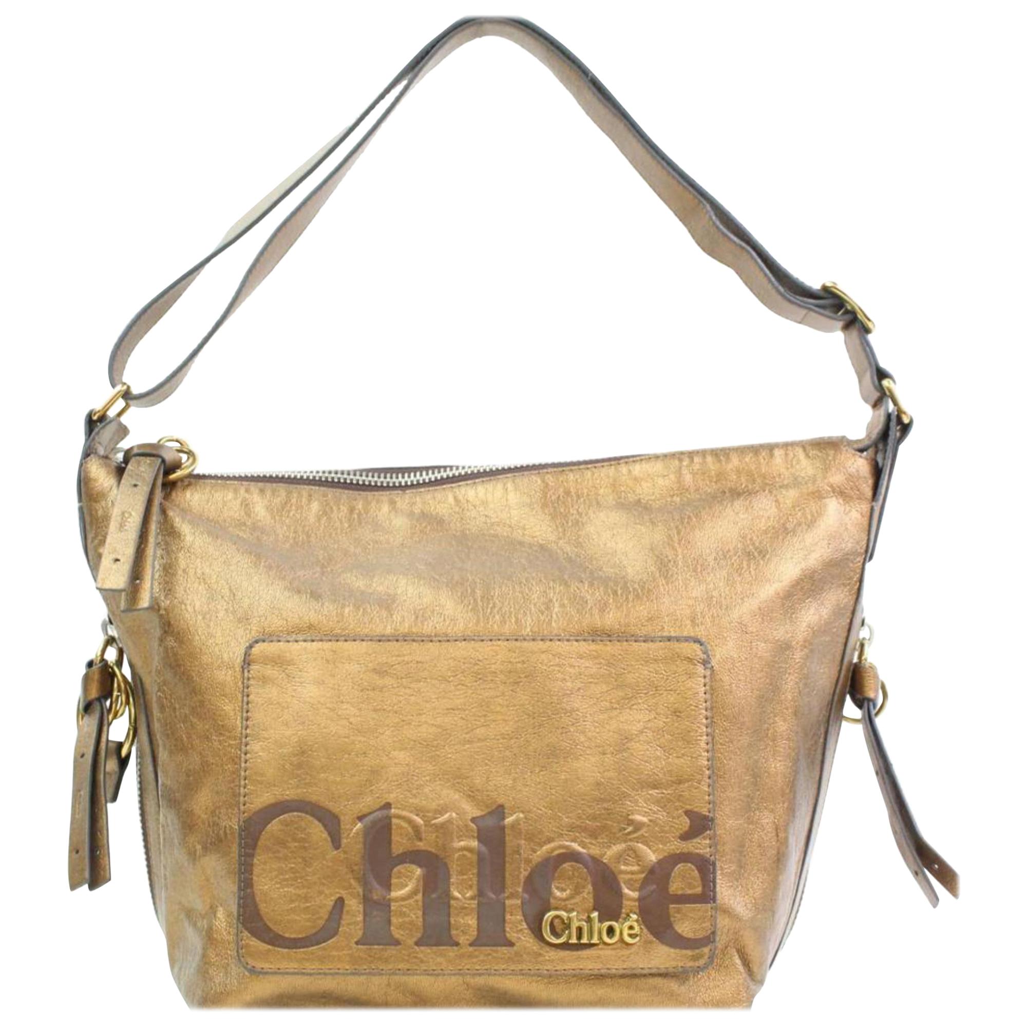 Chloé Logo Zip Hobo 866433 Gold Leather Shoulder Bag For Sale