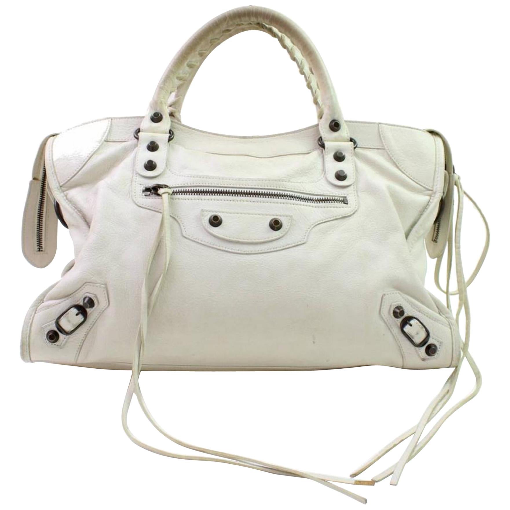 Balenciaga The City 866187 Ivory Leather Shoulder Bag For Sale