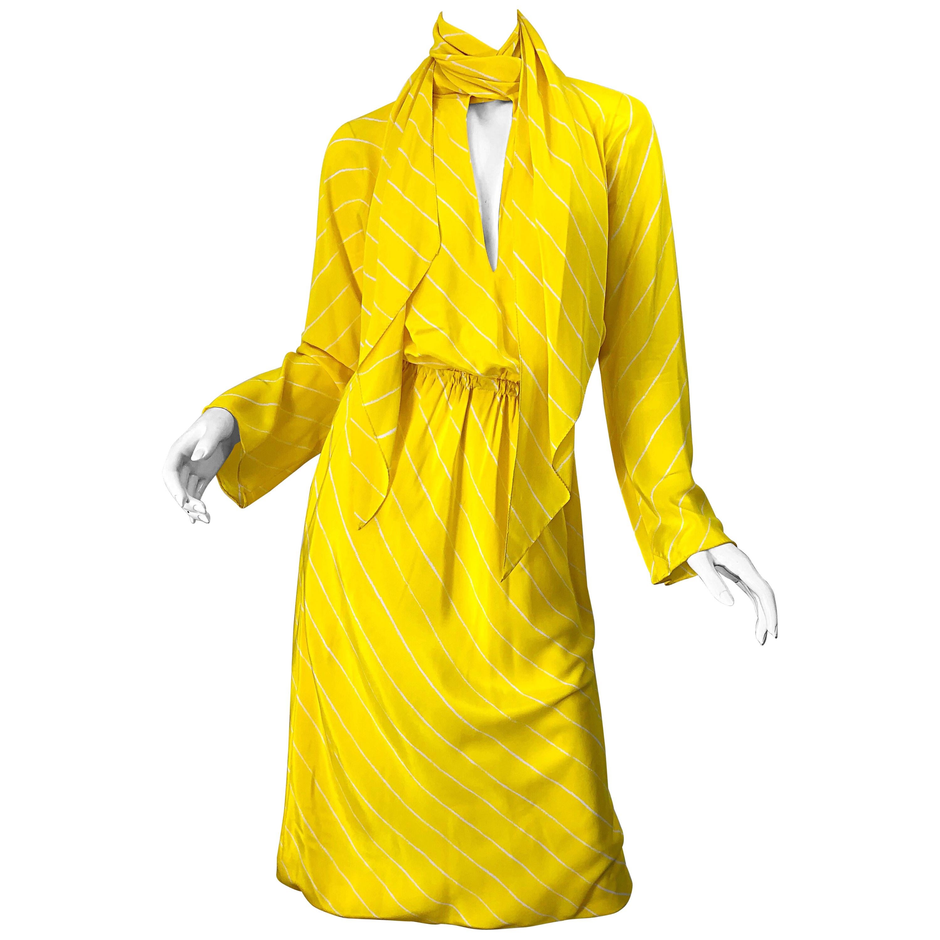 1970s Halston Canary Yellow + White Chevron Striped Bell Sleeve 70s Scarf Dress