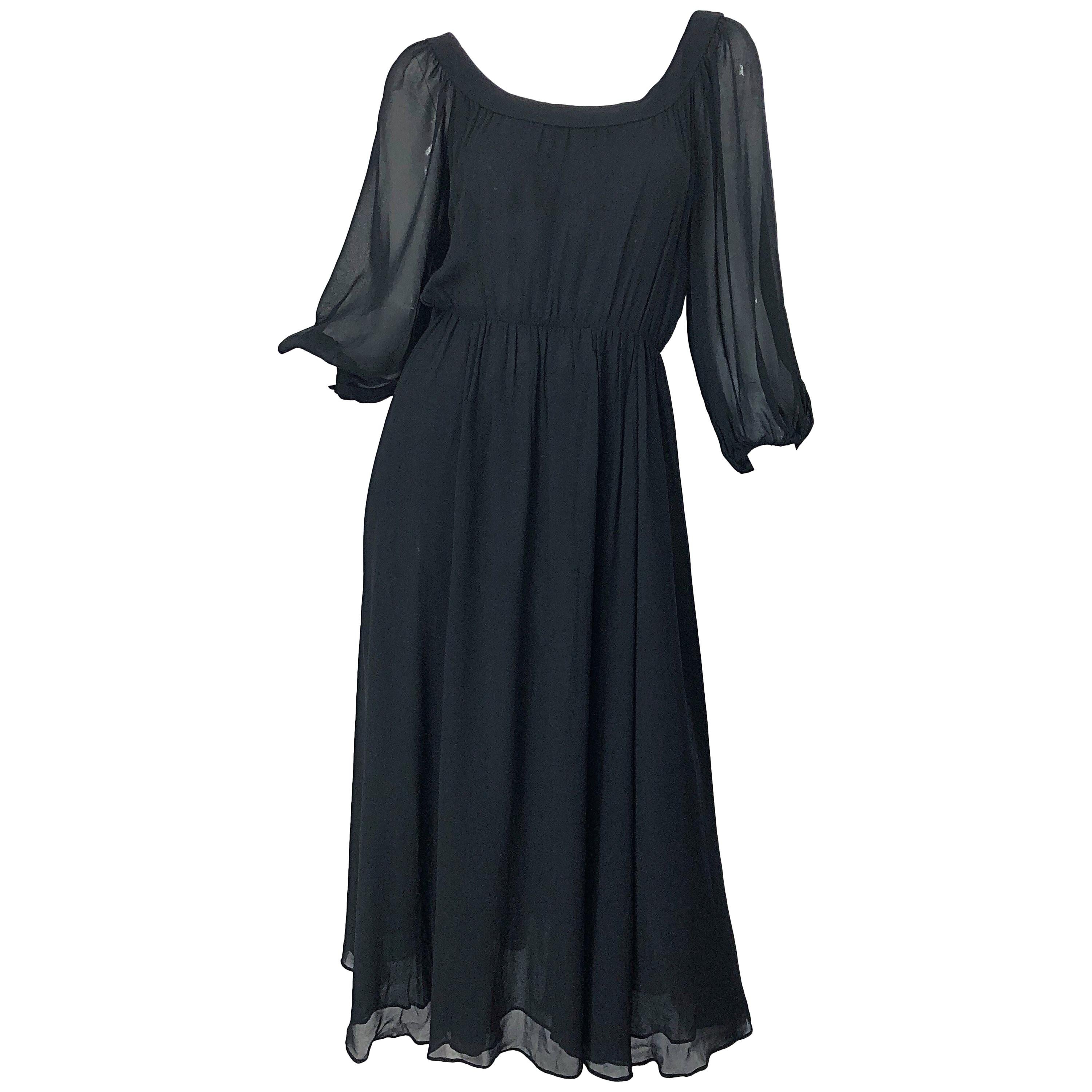 Vintage Oscar de la Renta 1970s Black Silk Chiffon Crepe Boho 70s Midi Dress For Sale