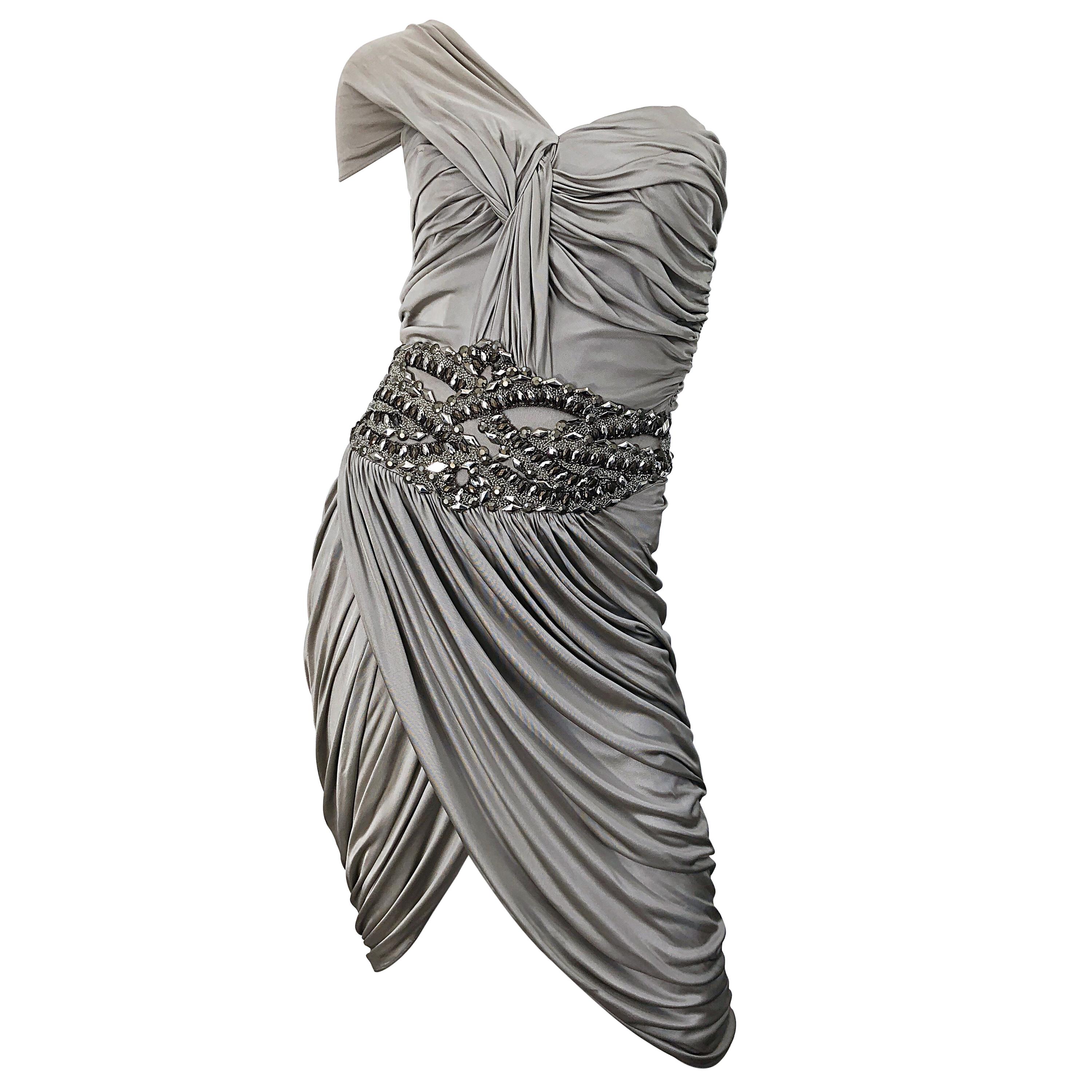 Zuhair Murad Couture 2000s Beige Taupe Beade One Shoulder Grecian Cocktail Dress