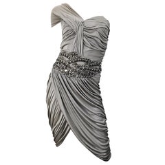 Used Zuhair Murad Couture 2000s Beige Taupe Beade One Shoulder Grecian Cocktail Dress