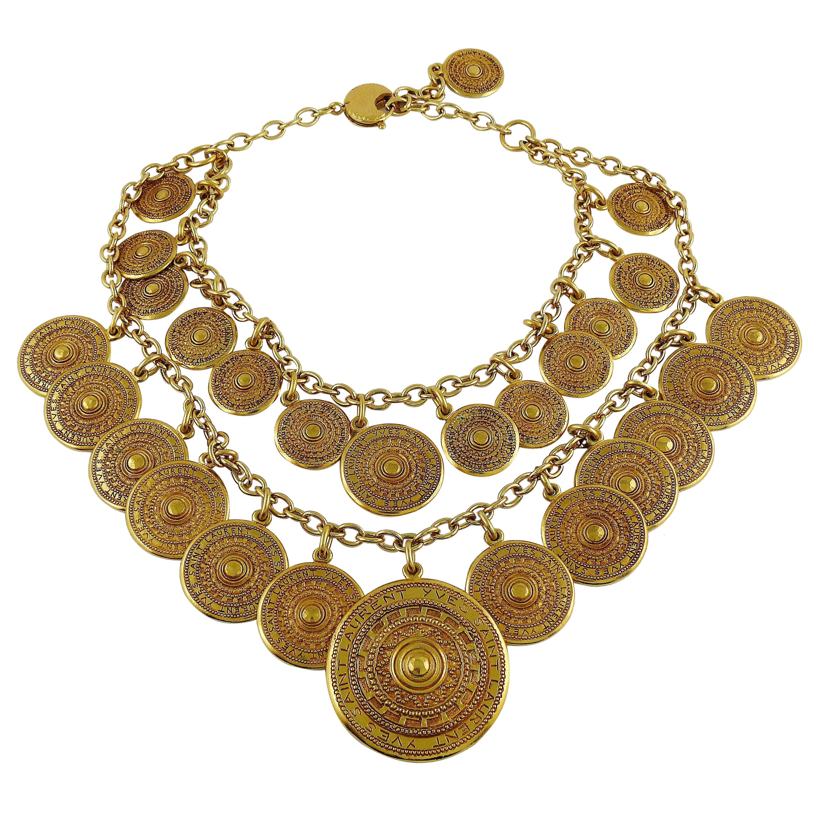 Yves Saint Laurent YSL Two Tiered Ethnic Aztec Disc Medallion Charm Necklace