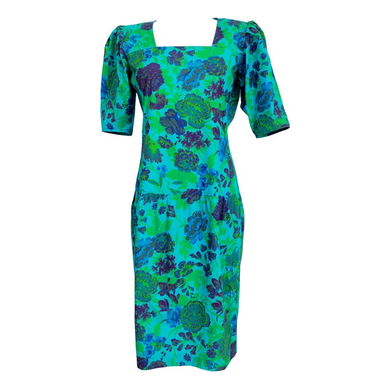 1980s Emanuel Ungaro Floral Green Cotton Long Sheath Dress For Sale at ...