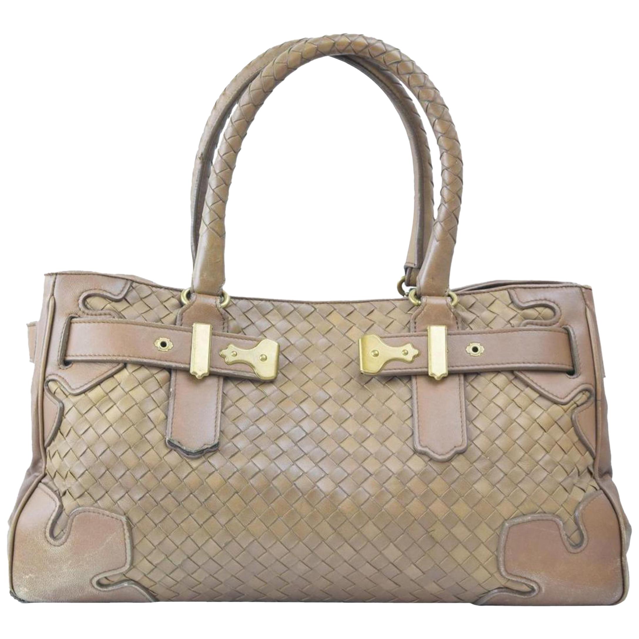 Bottega Veneta Intrecciato Woven Tote 865639 Brown Patent Leather Shoulder Bag For Sale