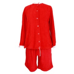 1980s Oleg Cassini Mare Red Cotton Summer Suit Dress Shirt Short 