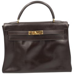 Vintage 1977 Hemes Kelly 32 Bag in Dark Brown Chocolate Box Leather