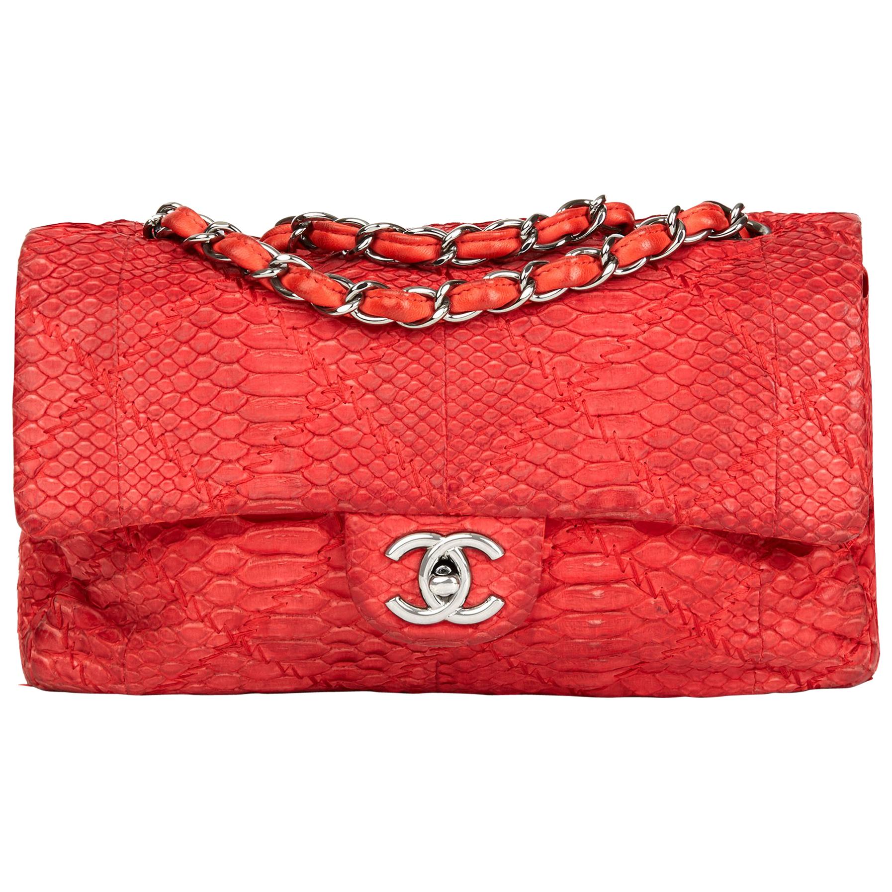 2010 Chanel Rot Heavy-Stitch Quilted Python Leder Classic Single Flap Bag