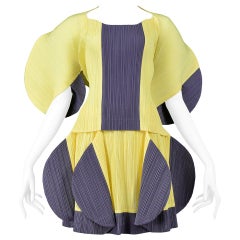 Vintage Issey Miyake Pleats Please Yellow & Grey Blouse & Skirt Ensemble