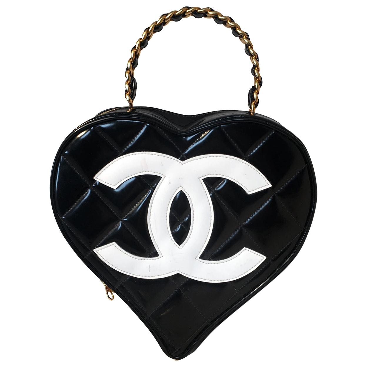 RARE Chanel Vintage Quilted Black and White Patent Leather Heart Bag