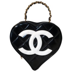 RARE Chanel Retro Quilted Black and White Patent Leather Heart Bag