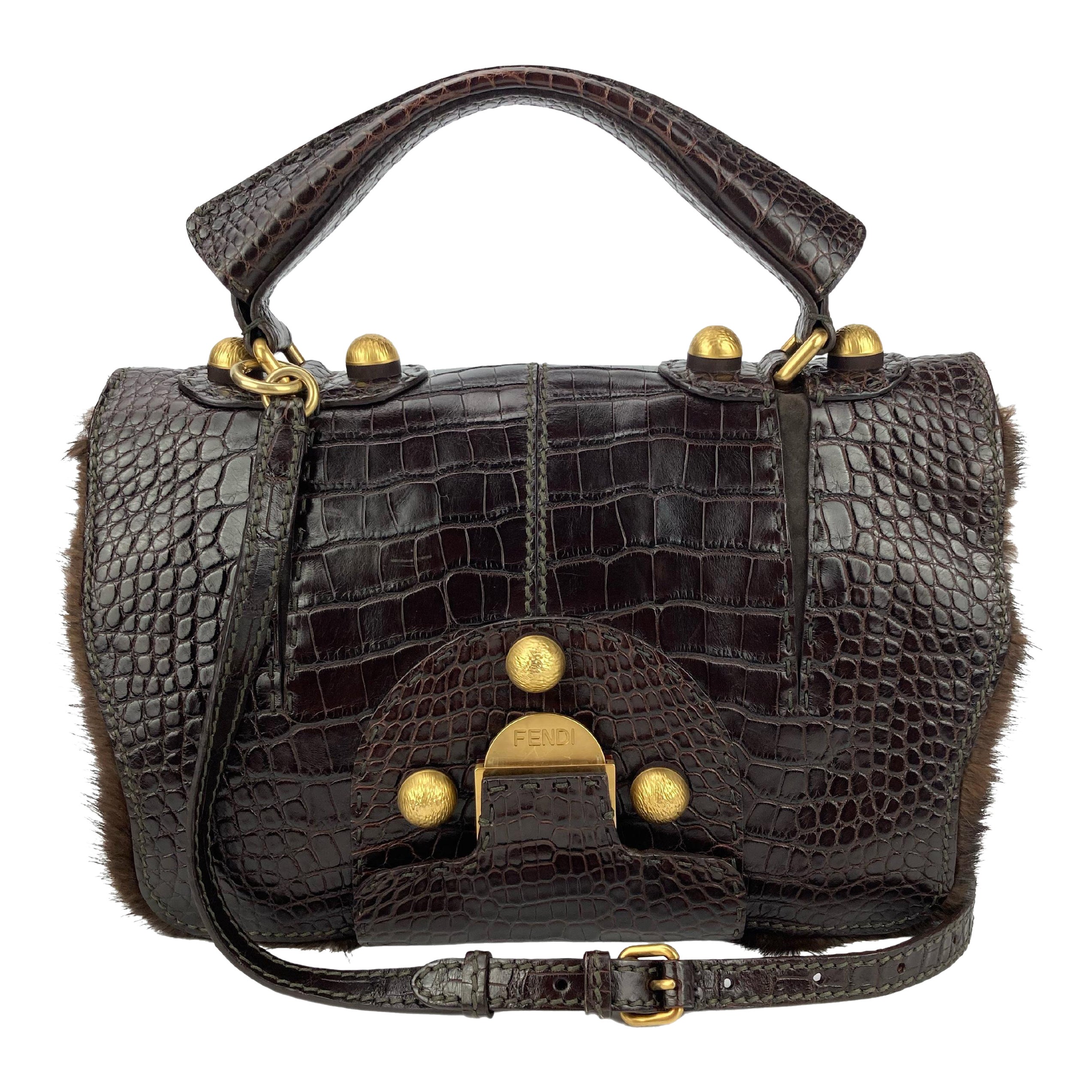 Rare Limited Edition Fendi F3 Secret Code Bag Brown Alligator Mink Fur Satchel