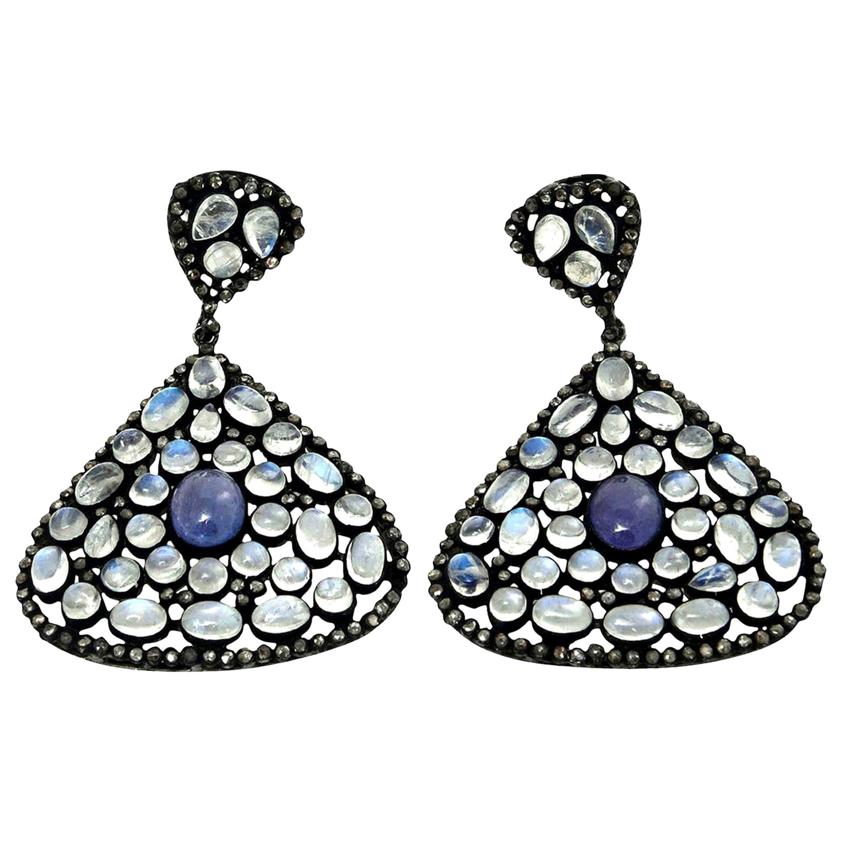 Moonstone, Tanzanite and Black Diamond PIerced Dangle Earrings  For Sale