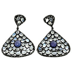 Moonstone, Tanzanite and Black Diamond PIerced Dangle Earrings 