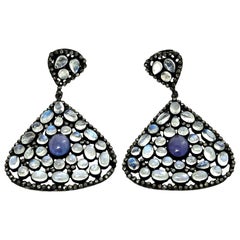 Moonstone, Tanzanite and Black Diamond PIerced Dangle Earrings