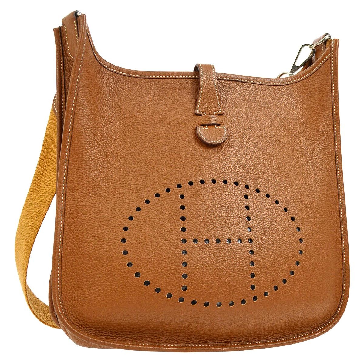 Hermes Cognac Leather Canvas "H" Logo Men's Women's Crossbody Shoulder Bag