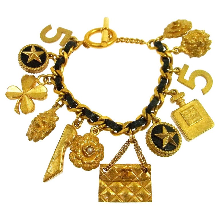 Chanel Gold Leather Multi Charm No 5 Bag Clover Evening Chain Bracelet