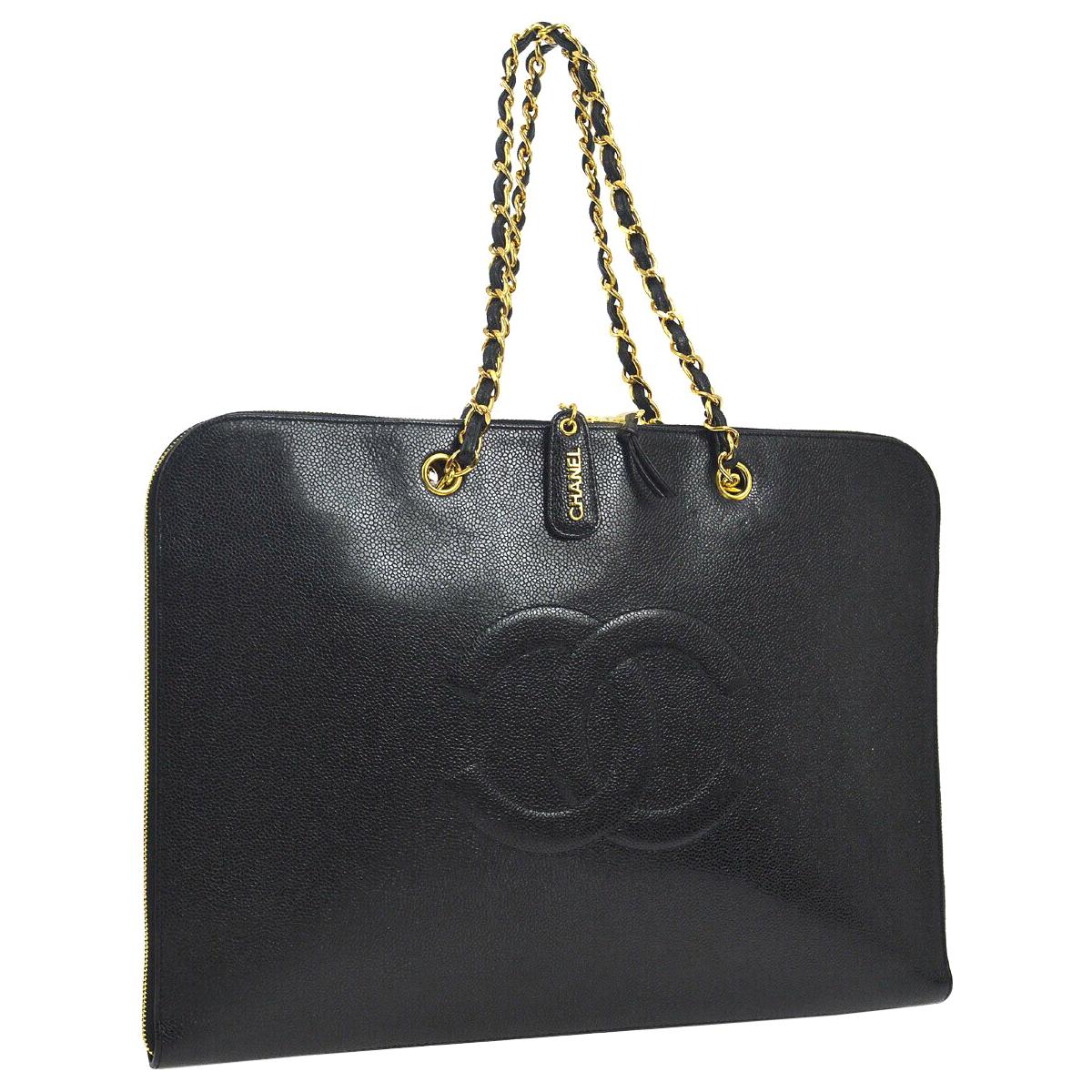 Chanel Black Caviar Chain Flap Business Laptop Carryall Travel Shoulder Bag