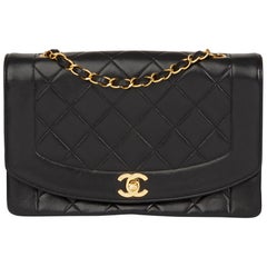 1991 Chanel Black Quilted Lambskin Vintage Medium Diana Classic Single Flap Bag
