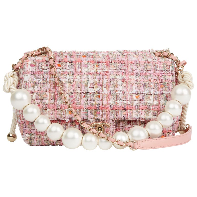 2019 Chanel Pink Tweed Fabric and Pearls Classic Single Flap Bag