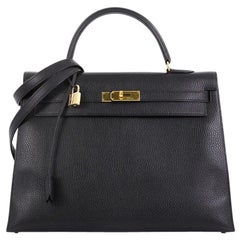 Hermes Kelly Handbag Noir Ardennes with Gold Hardware 35