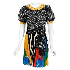Vintage 1990s Emanuel Ungaro Paris Colorful Silk Puff-Sleeve Blouse & Pleated Mini Skirt